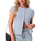 Womens Short Sleeve Shirts Casual Summer Ribbed Knit Tshirts Fitted Button Up Tops