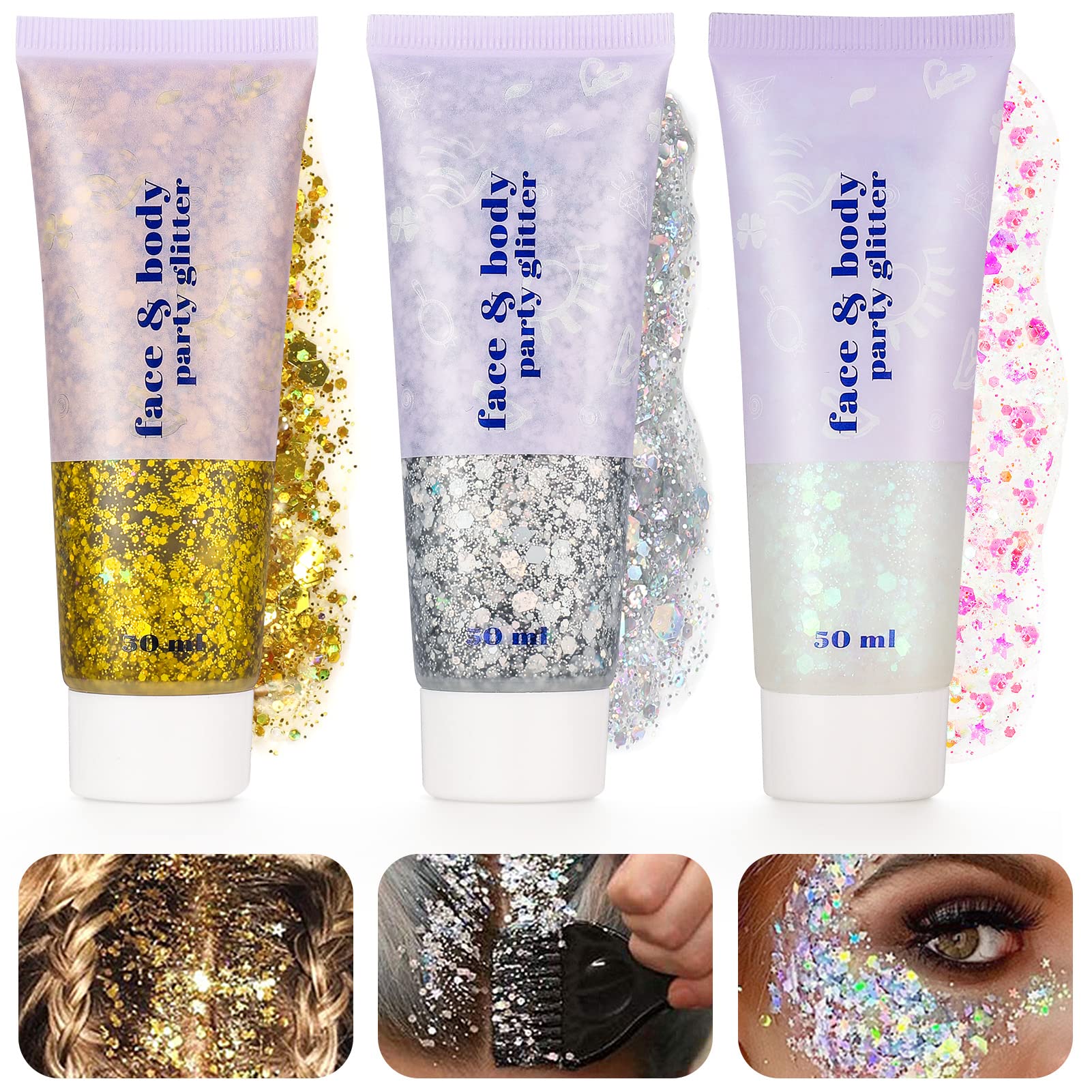 Dacitiery 3Pcs Body Glitter Gel, 50 ml Mermaid Sequins Sparkling Liquid Eyeshadow Sequins Glitter for Face Body Eye Hair Nail DIY Art Festival Party Makeup Decoration