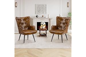 Furniliving PU Leather Accent Chair for Living Room, Upholstered Reading Chair with High Backrest, Tufted-Button Wingback Armchair for Bedroom, Dressing Room, Home Office, Brown, Set of 2