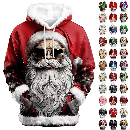 Christmas Hoodies Mens Christmas Printed Funny Pattern fluffy Hoody Sweatshirt Xmas Party Hooded Pullover Top with kangaroo Pocket & Drawstring Long Sleeve Light Xmas Jumpers Hoodies for Men UK 2025