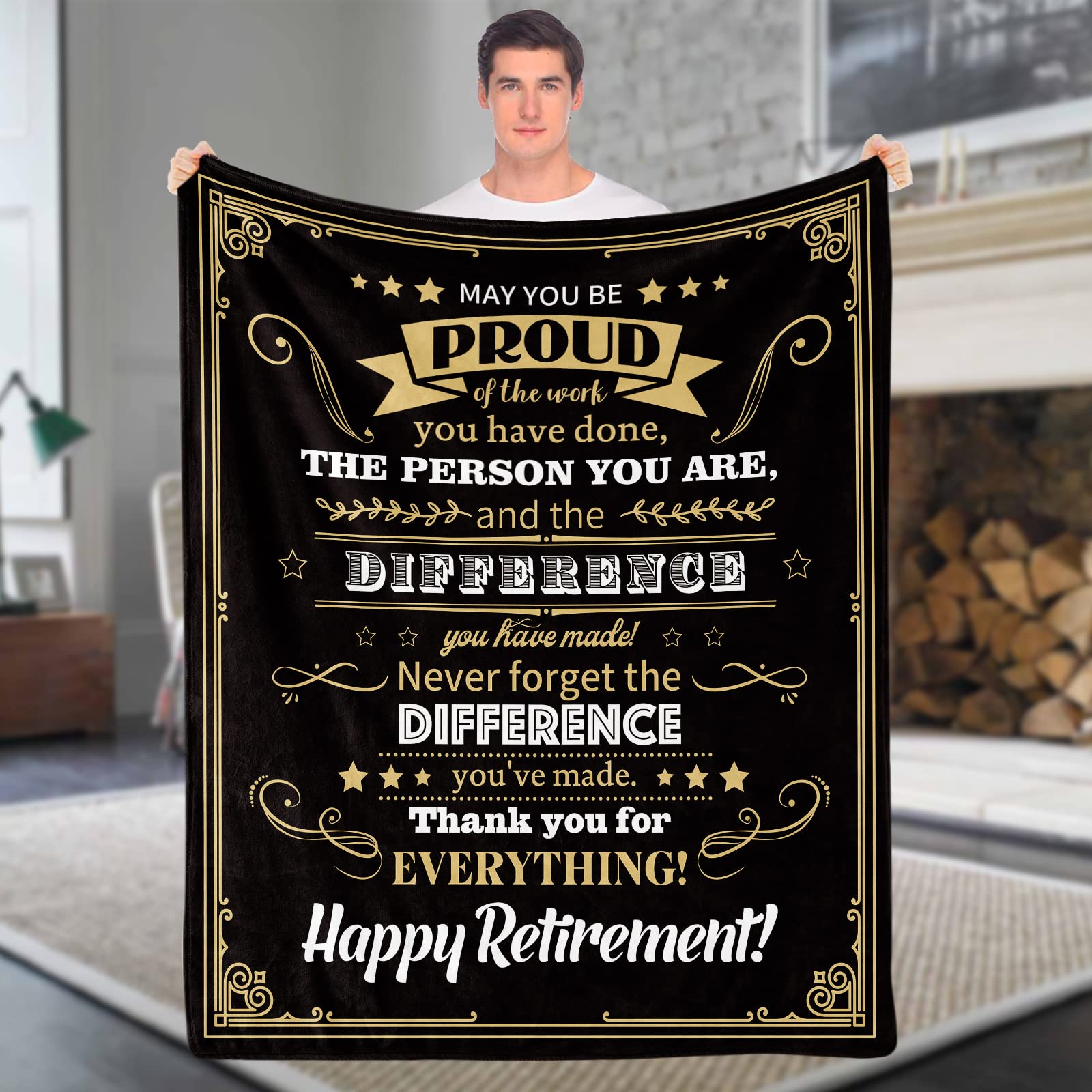 Domgoge Retirement Gifts for Men, Soft Flannel Happy Retirement Blanket, Fluffy Plush Retired Throw Blanket Male, Retirement Farewell Goodbye Gifts Ideas, 130x152 cm, Retirement-black Gold