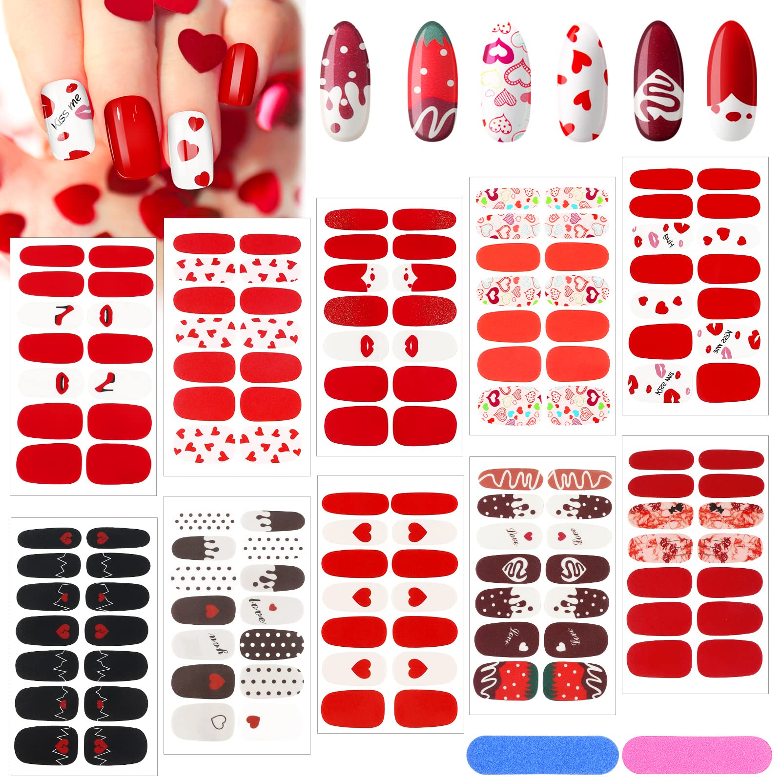Photo 1 of 140 Pcs 10 Sheets Valentine's Day Full Wrap Nail Stickers Polish Strips Gradient Stickers Glitter Self Adhesive DIY Art Decals Strips with 2 Pcs Nail Files for Valentine Decor
