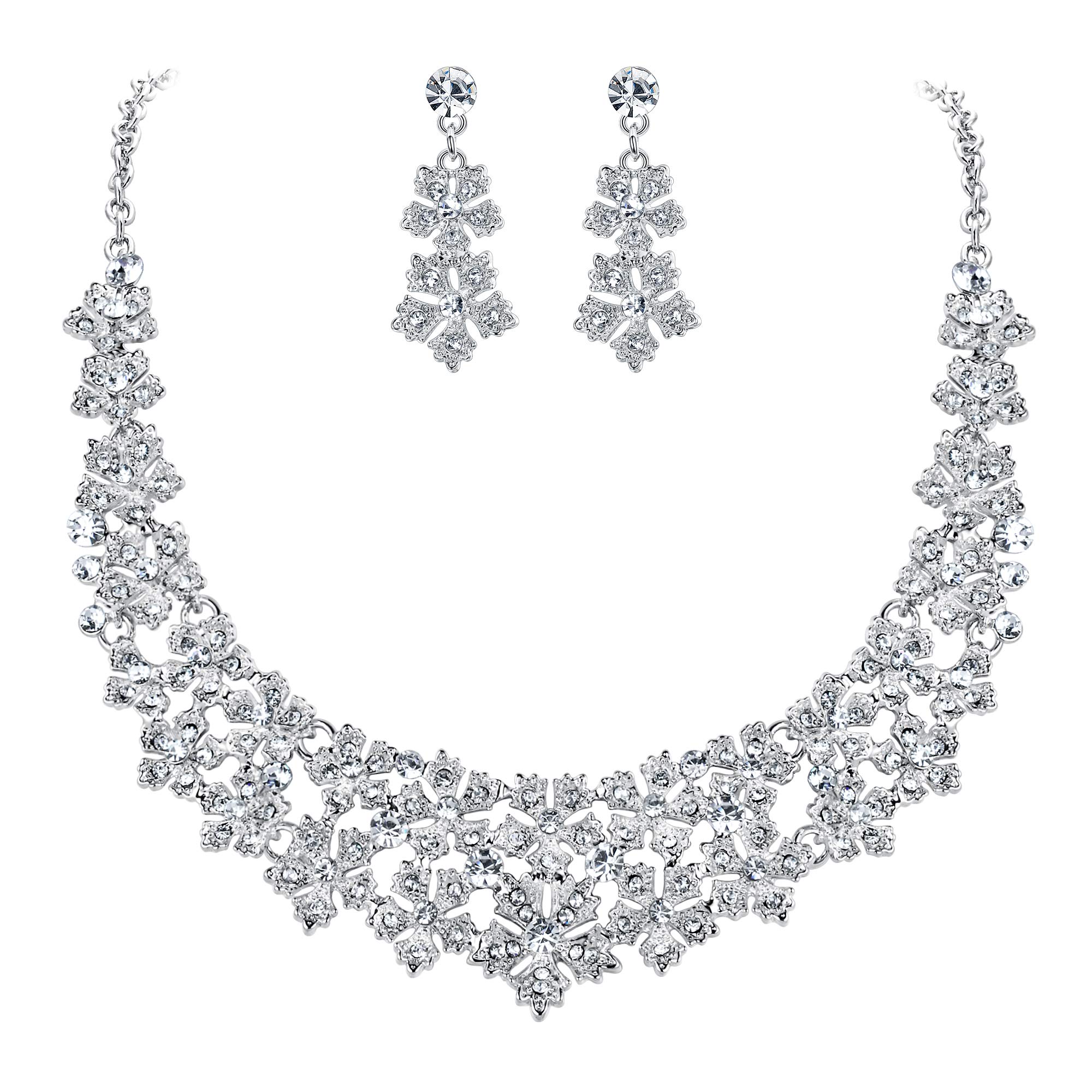 Ever Faith Women's Wedding Bridal Austrian Crystal 2 Layers Vine Flower Necklace Earrings Set Clear Silver-Tone