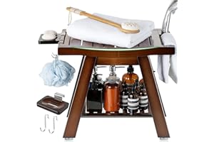 ETECHMART Bamboo Shower Bench Seat, A-Shaped Bath Spa Stool with Storage Shelf for Legs Shaving Inside Shower or Bathroom, Waterproof Wooden Shower Chair for Seniors Adults Disabled Elderly, Walnut