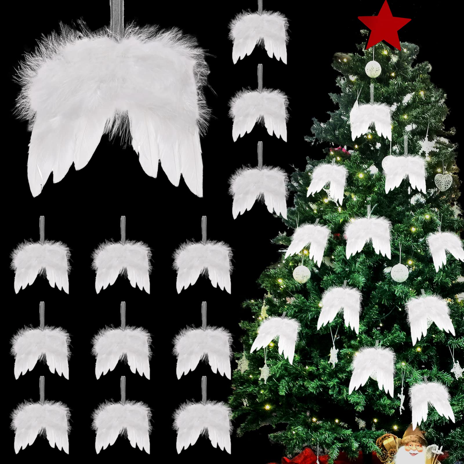 View 1 of 12Pcs Angel Wings Christmas Ornaments Mini Angel Feather Hanging Decor for Crafts Christmas Tree Xmas Party DIY Decorations White