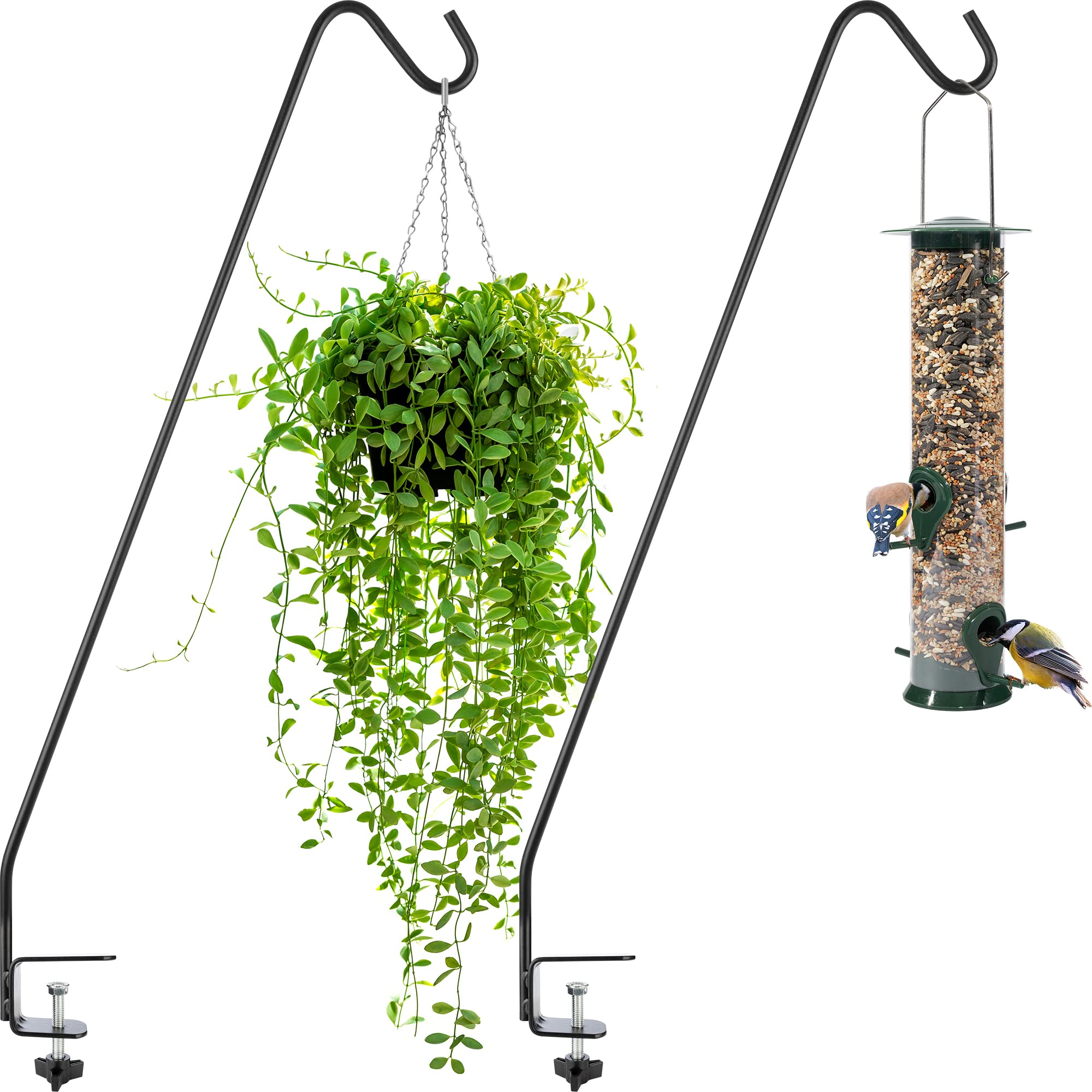 gray bunny deck hook 2 pack, 30 inch bird feeder pole, with non-slip clamp deck hanger for railing, feeders, planters, suet baskets, lanterns, wind chimes and more