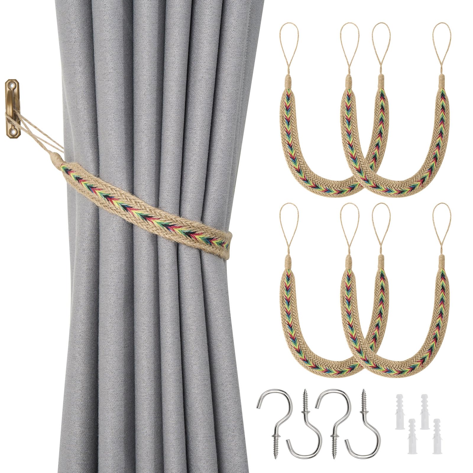 Pretty Jolly 4 Pack Natural Jute Rope Curtain Tiebacks Boho Rustic Style Decorative Drape Tie Backs Elegant Hand-Woven Rope Curtain Holdbacks with Metal Hook for Home & Office Drapery (Jute-Twist-C)