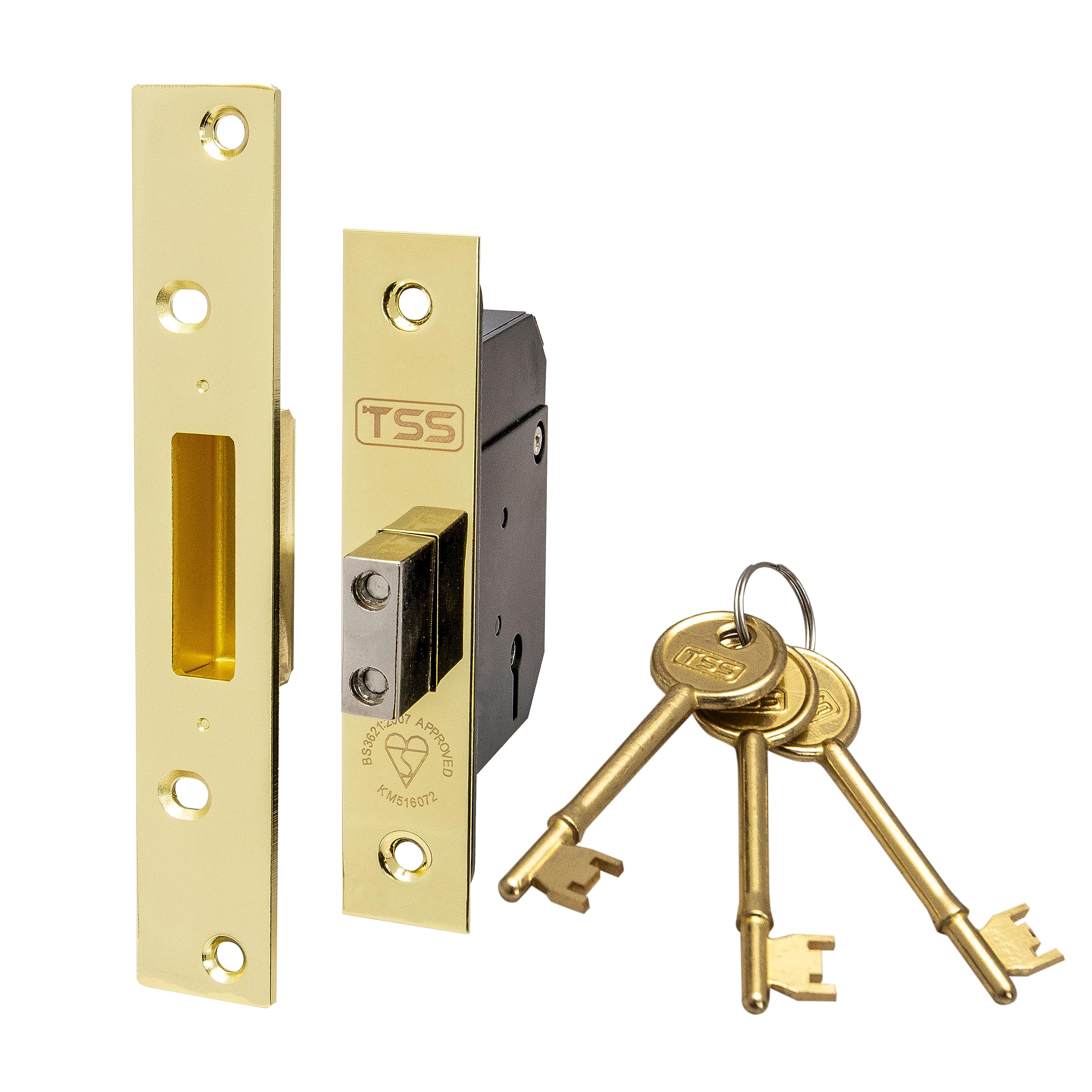 TSS High Security 5 Lever British Standard Mortice Deadlock with 3 Keys and Fixings, 2.5" (68mm) Polished Brass, Insurance Approved for External Doors, British Standard BS3621:2007