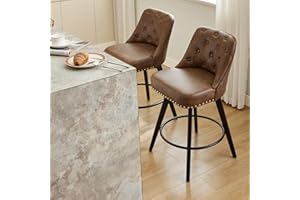 Counter Height Swivel Bar Stools Set of 2, 26" Upholstered Bar Chairs with Button-Tufted Back, Nailhead Trim and Solid Wood L