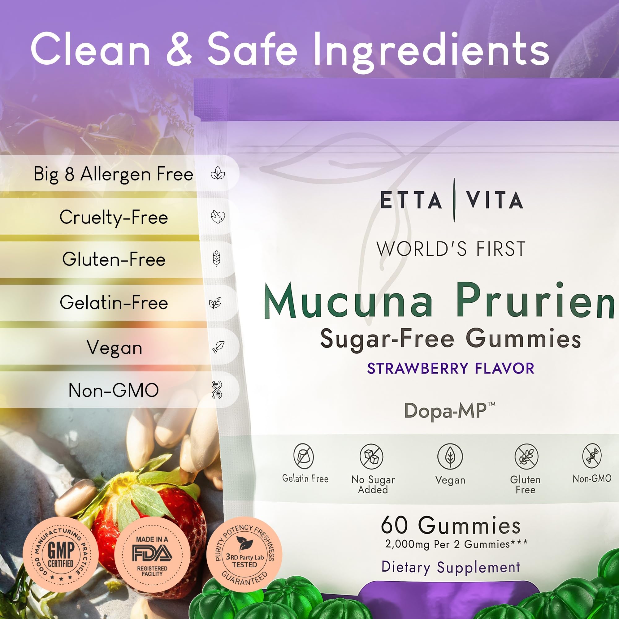 Dopamine Supplement - Sugar-Free Mucuna Pruriens Gummies (2g/serving) Energy & Focus Gummies - Potent Mucuna Pruriens Extract Supplement for Calm Mood and Motivation, Vegan, Non-GMO, Gluten-Free, 60ct