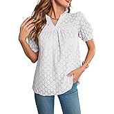 Falechay Tops For Women 2025 Boho Floral Short Puff Sleeve Shirts Summer Flowy V Neck Casual Lace Blouses