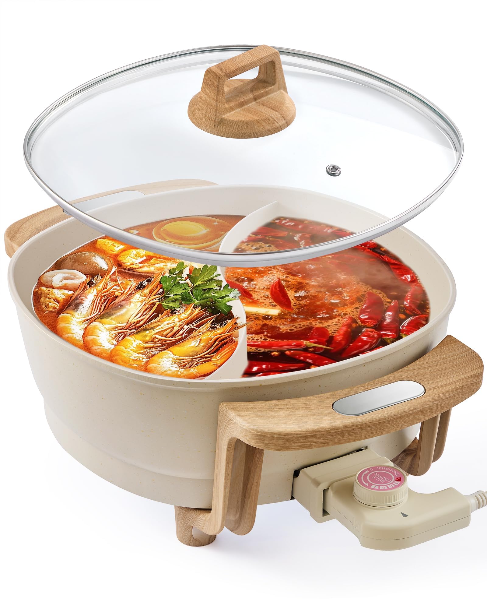 Hot Pot Electric Hot Pot with Divider, Large 6L Nonstick Dual-Sided Shabu Shabu Pot Dual-Flavor hotpot electric 1500W with Adjustable 5-Temperature Control ，Perfect for Family Dinners & Parties