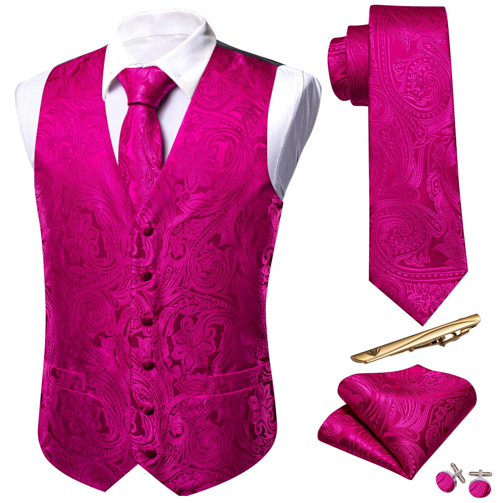 Barry.Wang Hot Pink Mens Paisley Tie and Vest Set with Pocket Square Cufflinks WaistCoat Suit for Tuxedo 5PCS Image