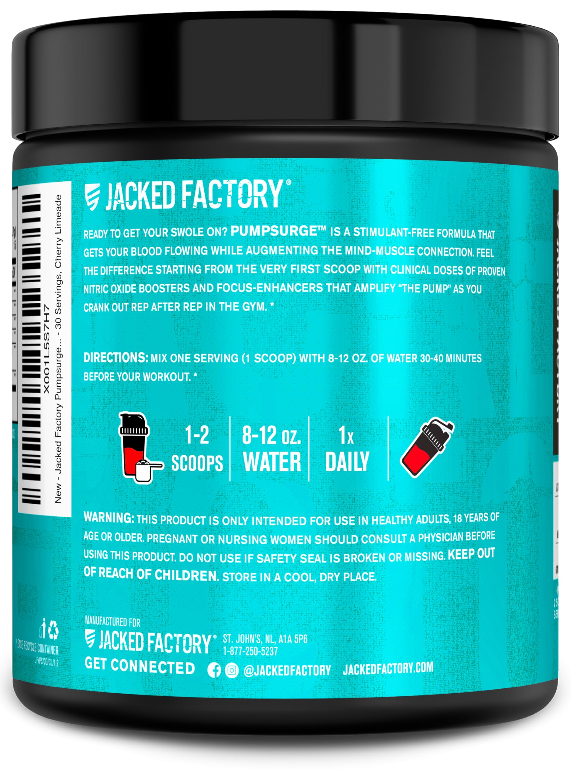 Jacked Factory Pumpsurge Caffeine Free Pre Workout for Men & Women - Nootropic Booster & Stim Free Pre Workout - Intense Pumps, Enhanced Focus - 30 Servings, Cherry Limeade