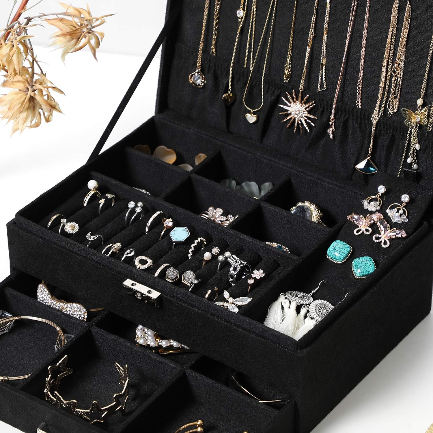 SONGMICS 2-Tier Jewelry Case with Drawer, Key, Necklace Hooks, Ring Rolls, Stud Panel, Storage Slots, Black: Furniture & Decor