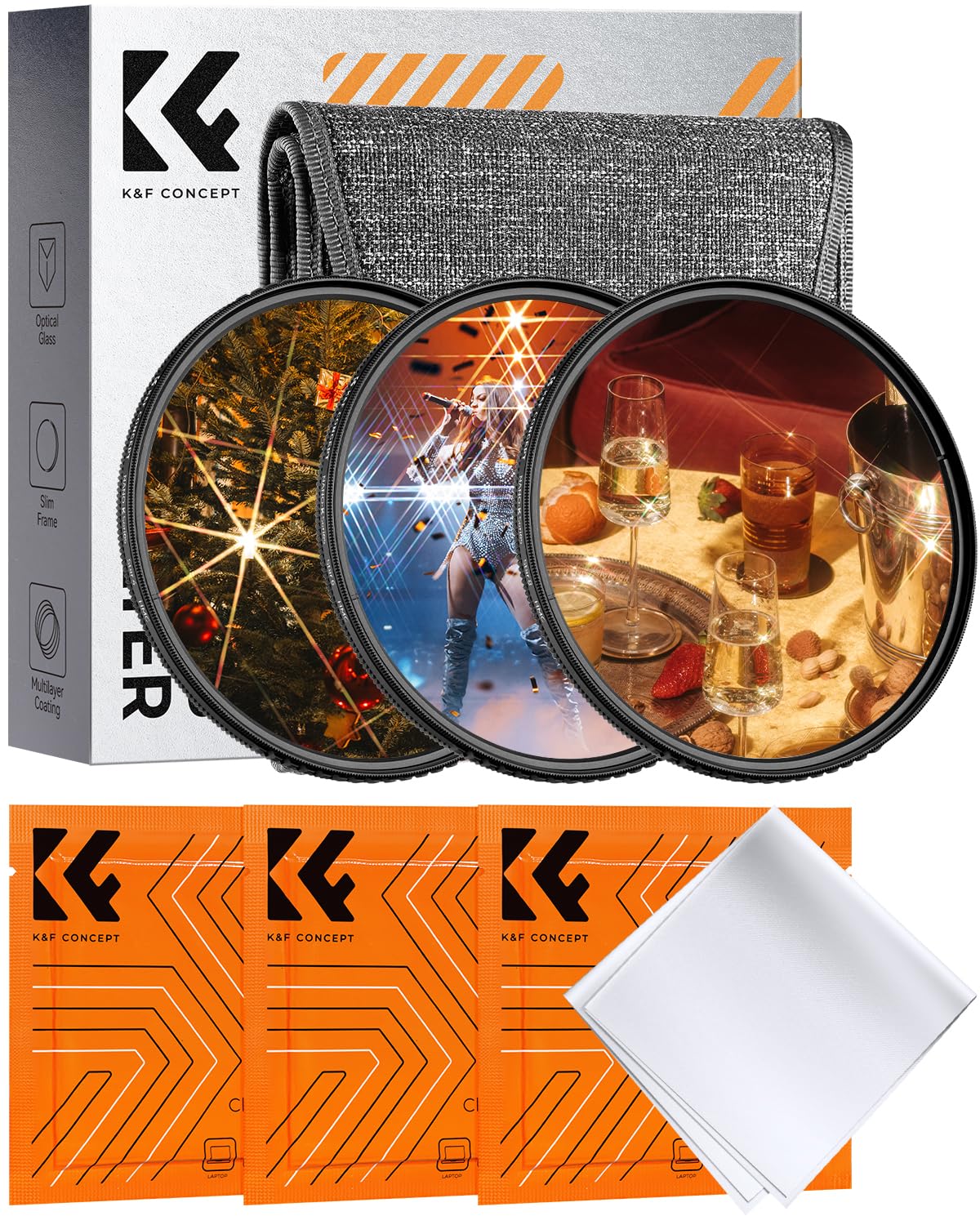 K&F CONCEPT 62mm Star Filter Kit, 4 Points 6 Points 8 Points Cross Star Special Effects Optical Glass Lens Filters (Nano-K Series)