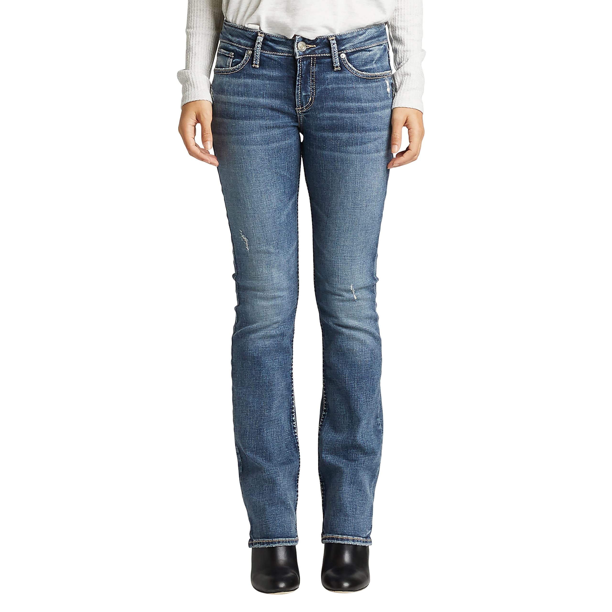 Silver Jeans Co. Women’s Elyse Mid Rise Comfort Fit Slim Bootcut Jeans, Medium Indigo Wash, 25W X 33L