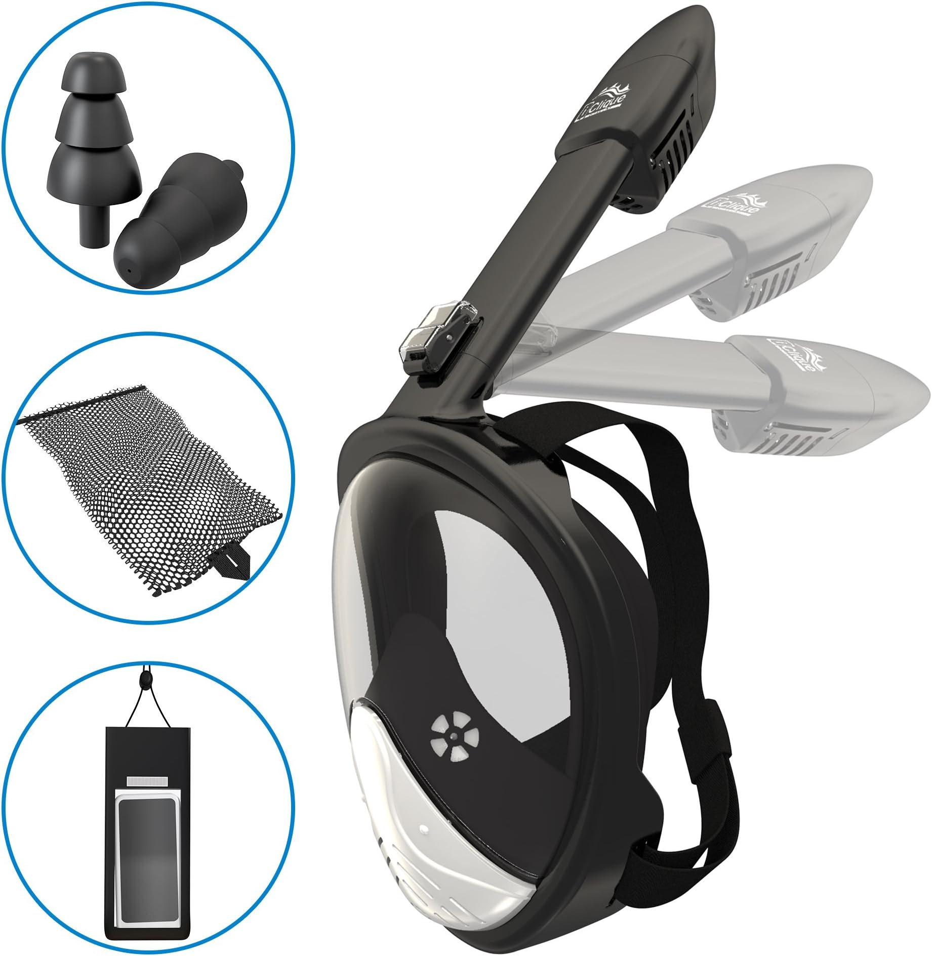 iClique Full Face Snorkel Mask - Scuba Diving Set - Snorkeling Gear for Men Women Kids (Black, L/XL)