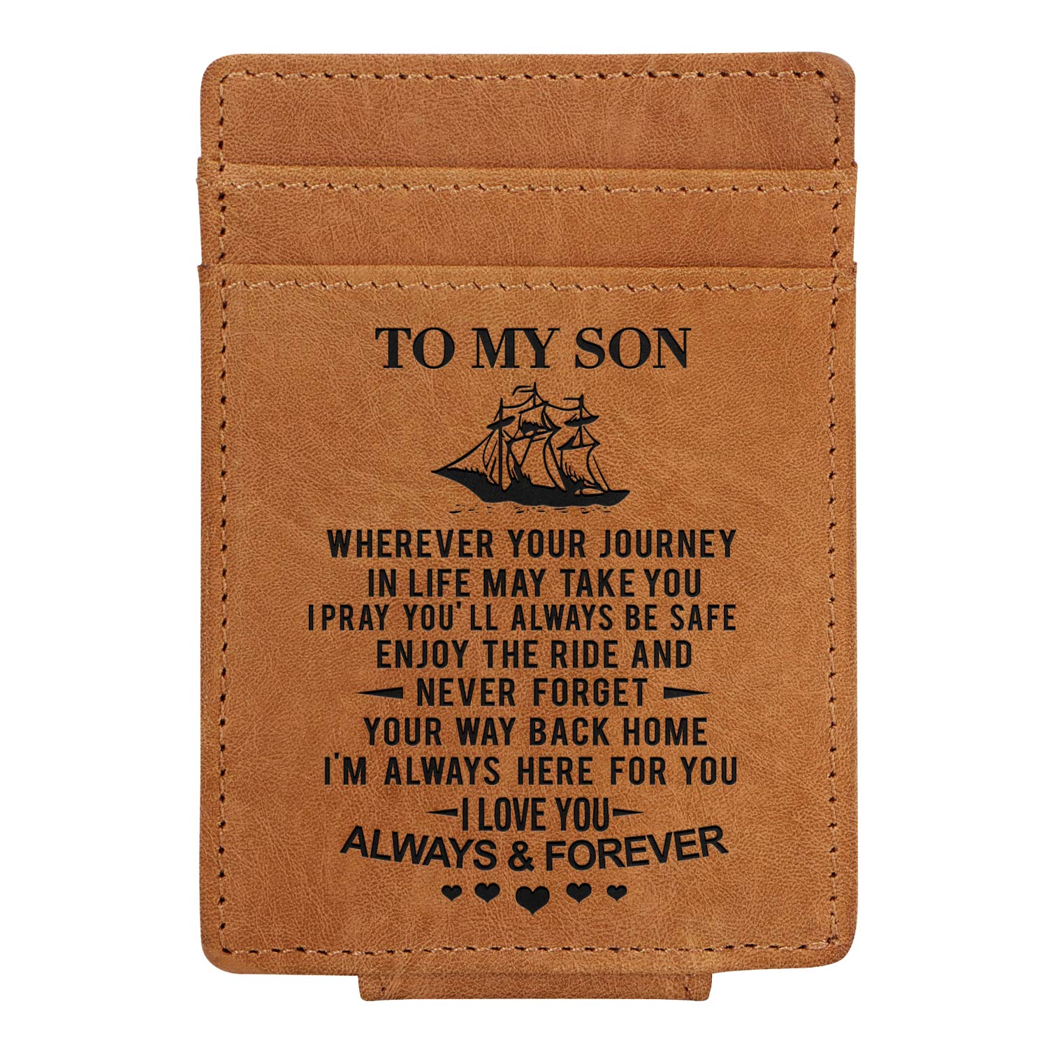 Kenon Custom Leather Brown Card Holder Personalised Slim Wallets for Men RFID Blocking Credit Card Holder Leather Minimalist Front Pocket Wallet for Husband,Father,Son (to My Son)