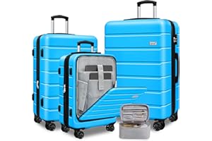 KEYTANG SmileLine 3-Piece Luggage Set Lightweight Hardside Suitcase TSA Lock Spinner Wheels, 20" Expandable Carry-On Luggage with Quick Access Front Open Pocket, Bonus Makeup Bag, 20/24/28 inch, Blue