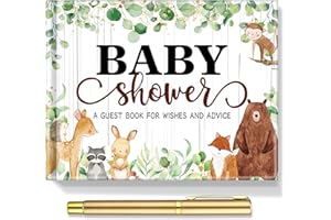 Fuyoooo 27 Pcs Woodland Animal Baby Shower Guest Book Set Baby Shower Sign in Guest Floral Book Place Table Cards with Gold Pen Adhesive Photo Corner for Birthday Party
