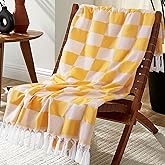 Lightweight Woven Throw Blanket Cotton Large Soft for Chair Couch Sofa Bed Festival Decorative Summer Manta para Beige Neutral Fall Farmhouse Boho Vintage Primitive Cottage Nursery Decor Yellow Check