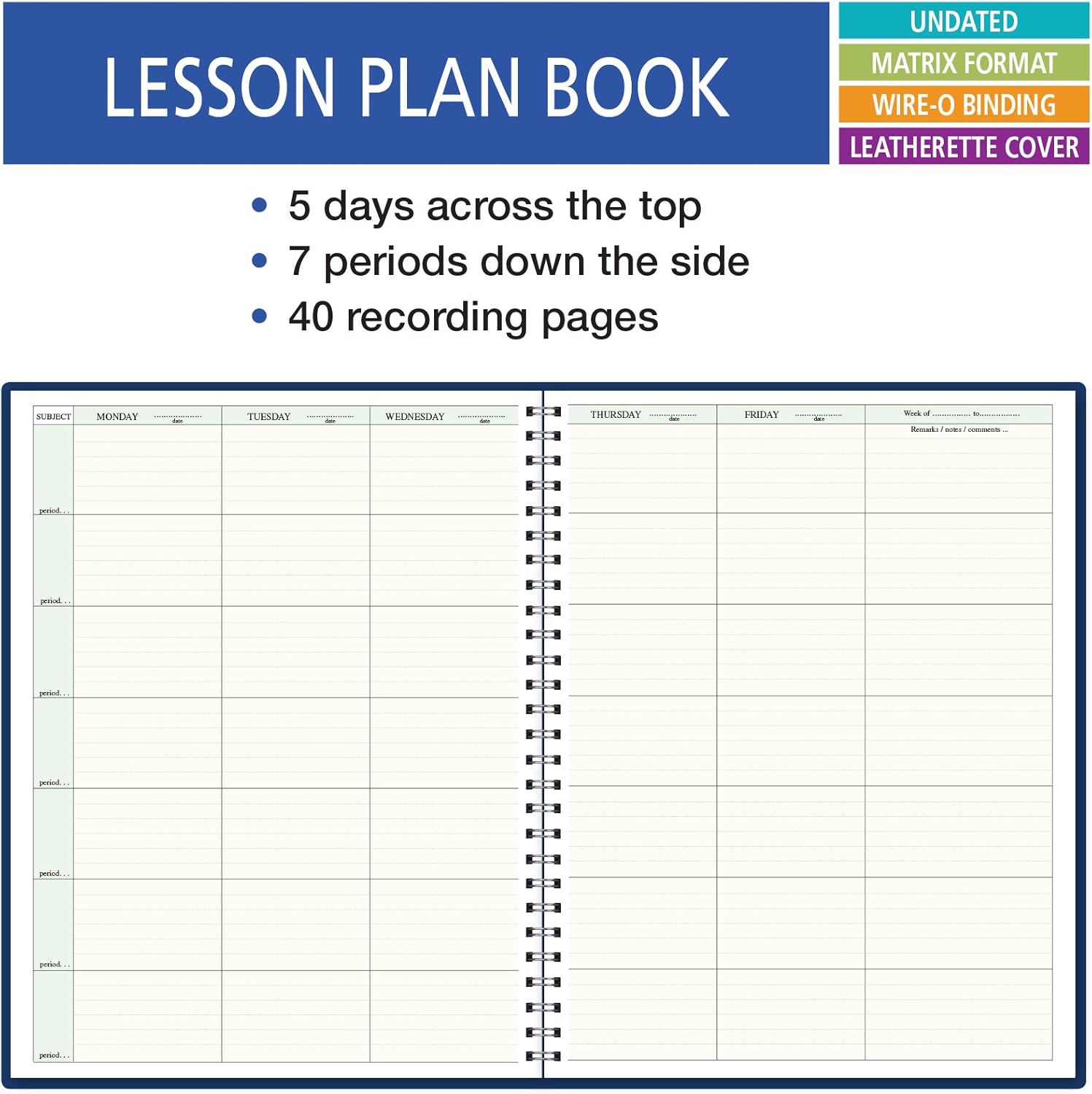 7 Period Teacher Lesson Plan; Days Horizontally Across The Top (W101) : Office Products