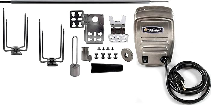 OneGrill Heavy Duty Stainless Steel Universal Complete Grill Rotisserie Kit With 13 Watt 50 lb. Stainless Electric Motor - 37" X 1/2" Hexagon Spit Rod (Grills Up To 31" Wide)