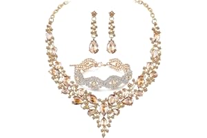 Paxuan Silver/Gold Plated Women Wedding Bridal Jewelry Set Prom Crystal Rhinestone Statement Choker Necklace Teardrop Earrings Link Bracelet Jewelry Sets for bride bridesmaid Wedding