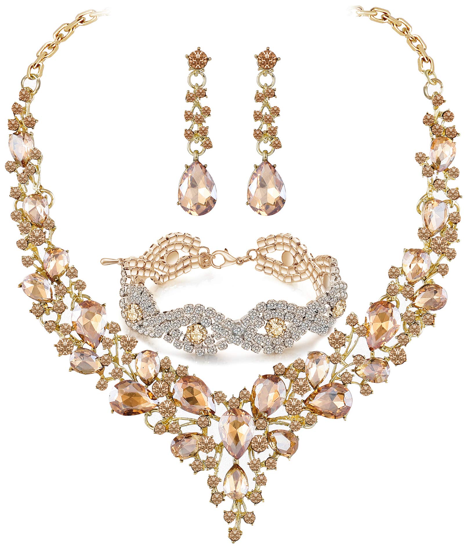 Silver/Gold Plated Women Wedding Bridal Jewelry Set Prom Crystal Rhinestone Statement Choker Necklace Teardrop Earrings Link Bracelet Jewelry Sets for bride bridesmaid Wedding