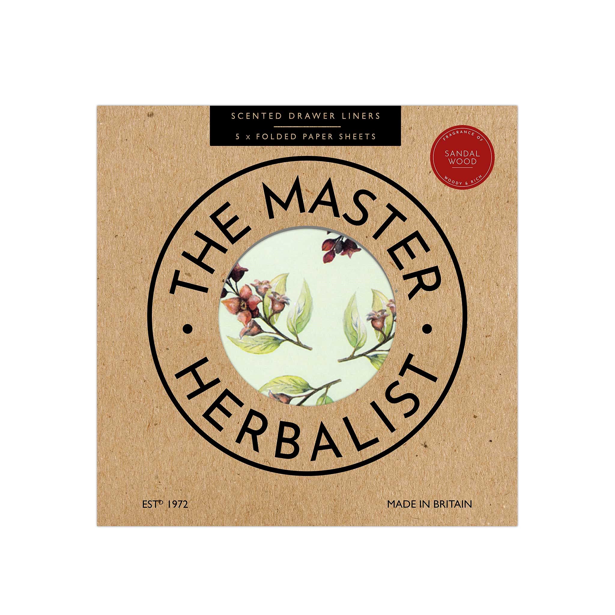 Sandalwood Scented Drawer Liners in a Sandalwood flower pattern | Gift Pack of 5 Large Folded Sheets (60 x 42cm) | Contains Essential Oils | Made in the UK by The Master Herbalist