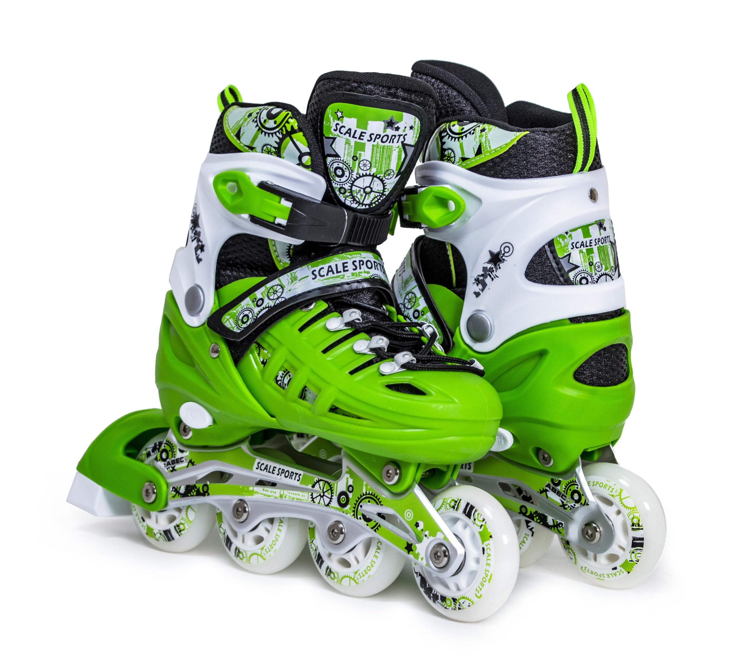 Scale Sports - Adjustuble Roller Skates with light up wheels for children and adults - Kids Inline Roller Skates (green, UK 5-7 (EU 38-41) L)