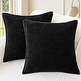 CaliTime Throw Pillow Covers Decorative 16 X 16 Inches Pack of 2 Cotton Thread Stitching Edges Solid Dyed Soft Chenille Cushion Cases for Couch Sofa Bed Living Room Farmhouse Black
