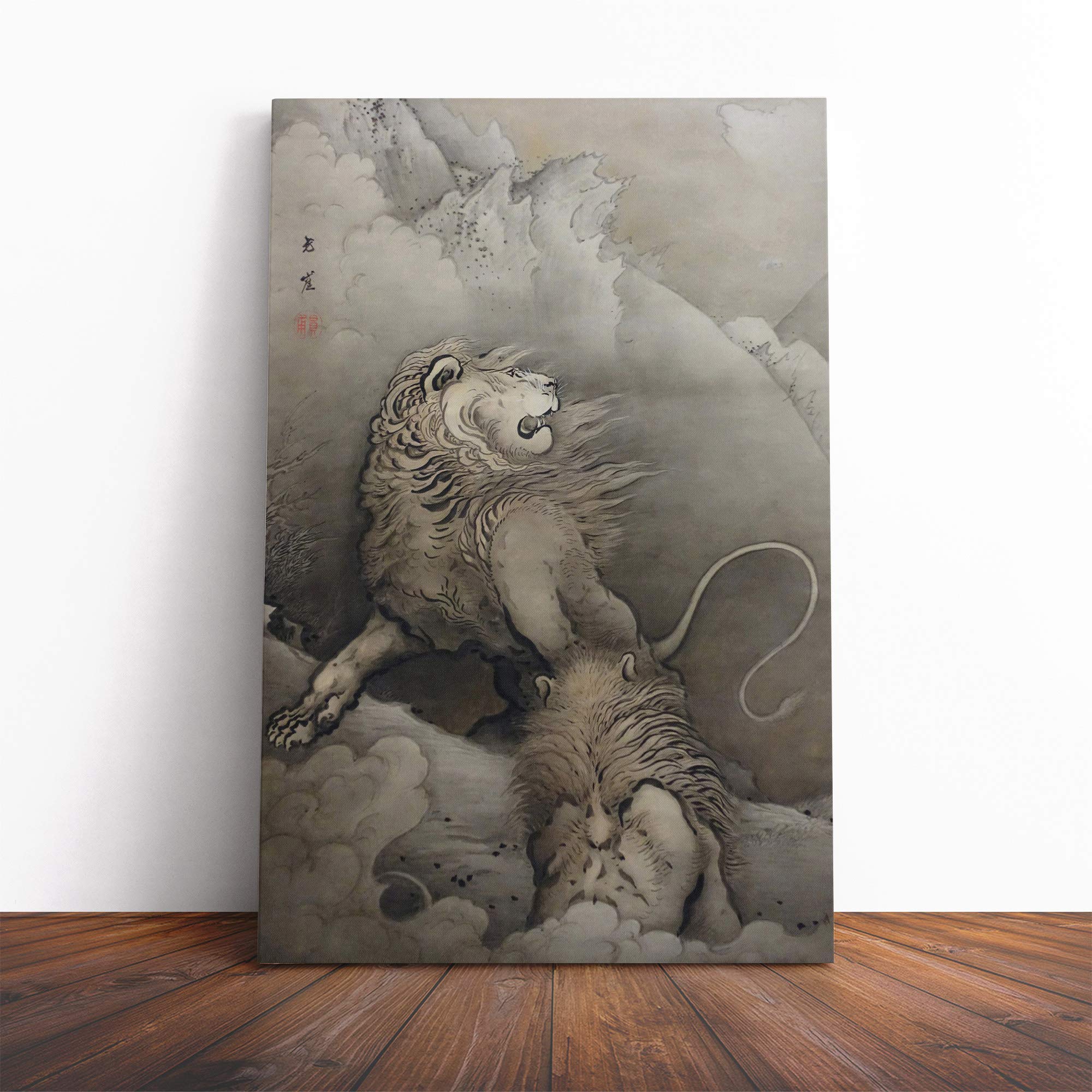 Kano Hogai Lions Japanese Oriental Canvas Print | Gallery Wrapped 30mm Frame Wall Art | 20x14 inches | Ready to Hang | Asian Animal Picture | Living Room Bedroom Lounge Office
