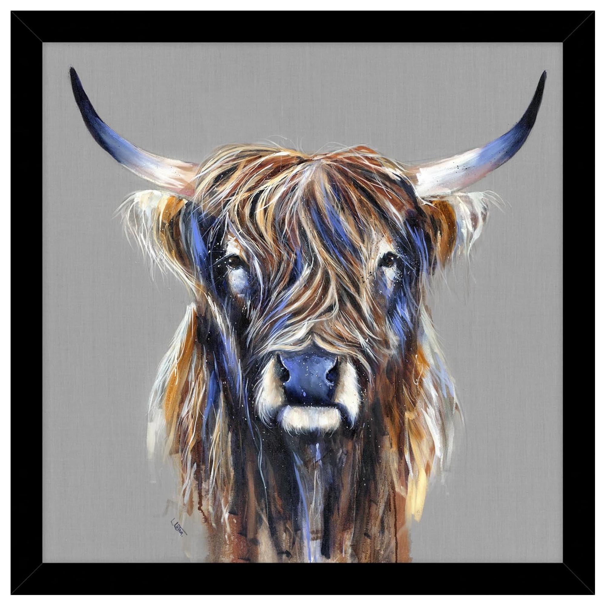Artko Highland Cow Framed Print Wall Art - 'Jackson' by Louise Luton - Animal Themed Picture - Ready to Hang Home Decor - 43.5 x 43.5 cm