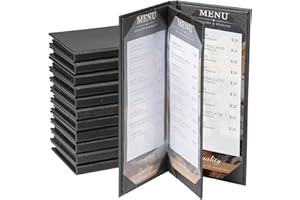 AMGSH 12 Pack 4 View Menu Holder Menu Covers 4.25" x 11" | Black Leather Menu Sleeves Book Style for Restaurant Coffee Bars Wine List