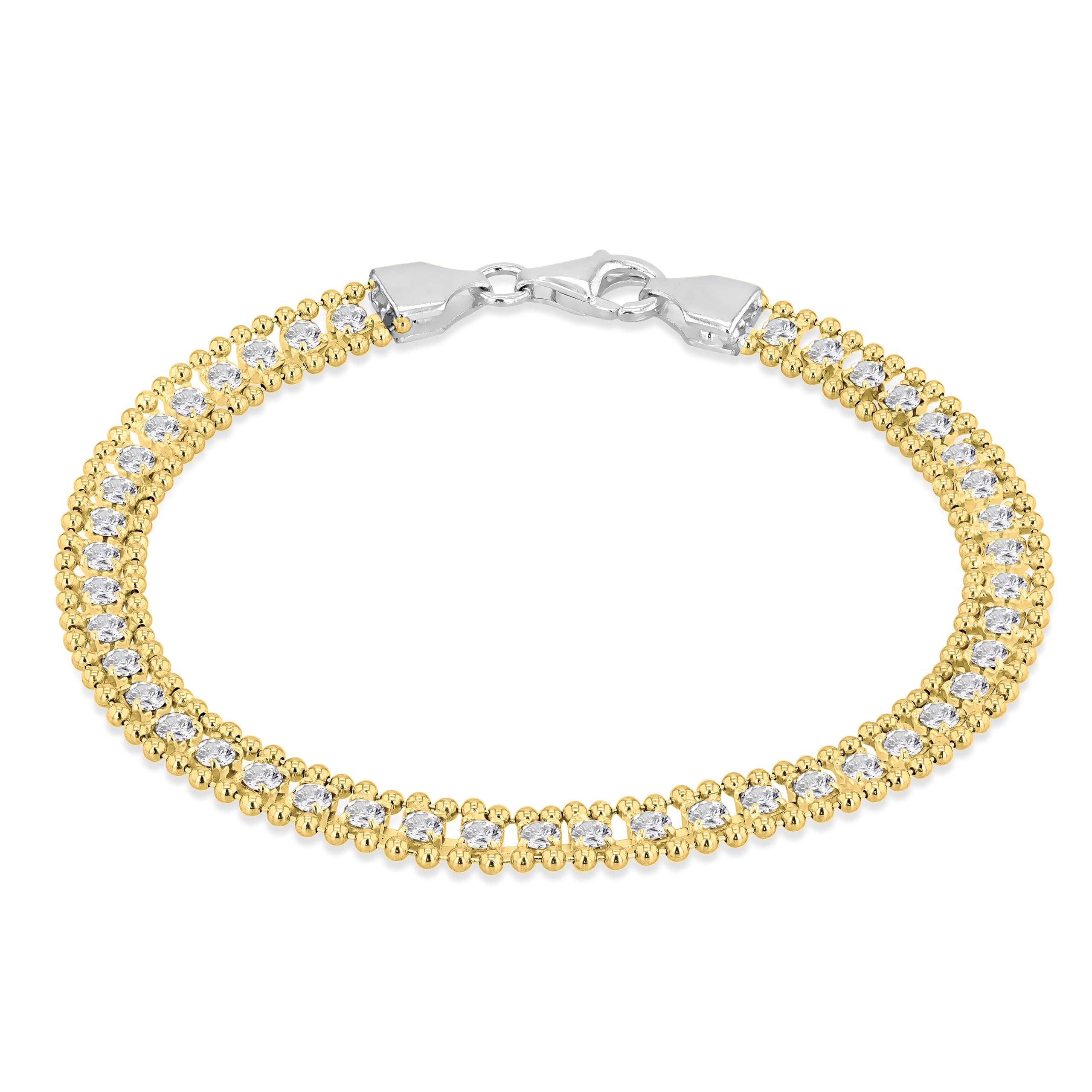 Tuscany Silver Women's Sterling Silver Yellow Gold Tone 3 x 3 mm Square Cubic Zirconia and 5.8 mm Ball Chain Bracelet of Length 19 cm/7.5 Inch