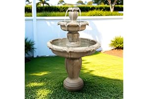 SunJet 48” High Modern Concrete Outdoor Water Fountain - 3 Tiered Large Floor Water Fountain and Waterfalls with Electric Pump for Garden, Patio, Yard, and Deck Decor, Featuring Natural Stone Look