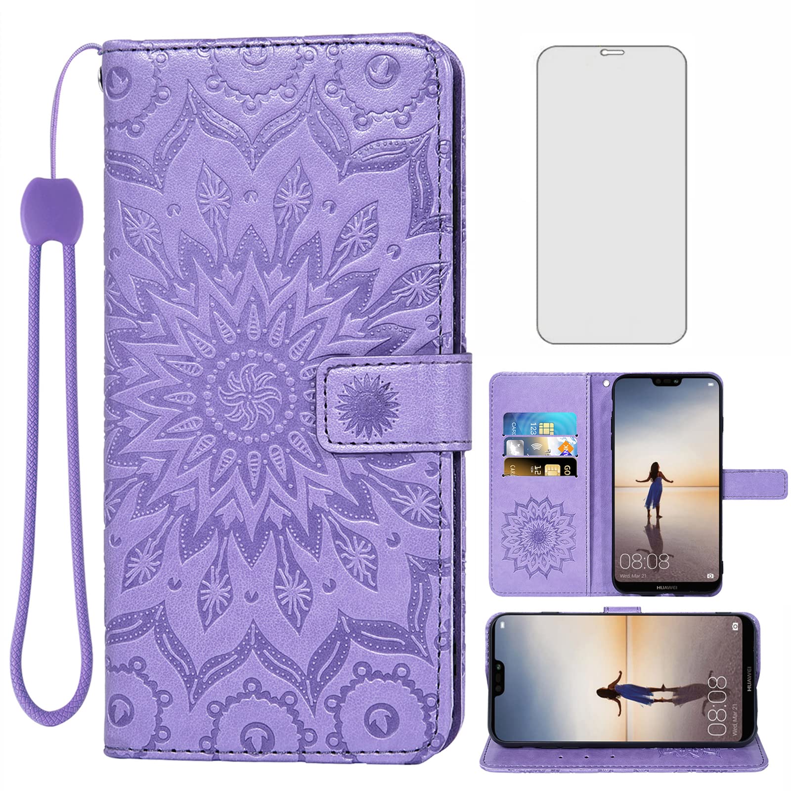 Asuwish Phone Case for Huawei P20 Lite Wallet Cases with Tempered Glass Screen Protector and Leather Slim Flip Cover Card Holder Stand Cell Accessories Huwai P20lite P 20 Haweii Nova 3E Women Purple