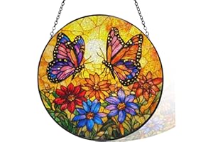 Stained Glass Window Hanging Flowers Butterflies Sun Catchers Glass Panel, Suncatcher Sunlight Catcher Hanging Ornaments, Ind