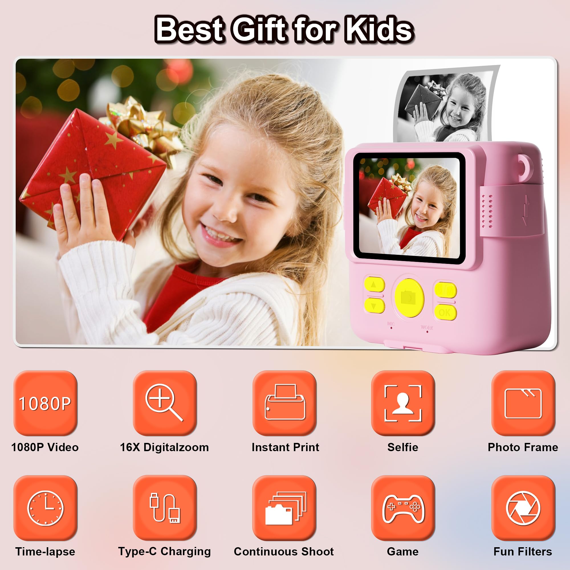 GKTZ Instant Print Camera for Kids - 1080P HD Instant Print Photo - Christmas Birthday Gifts for Age 4 5 6 7 8 9 10 Girls Boys - Portable Toy with 3 Rolls Photo Paper, 32GB Card, 5 Color Pens - Pink