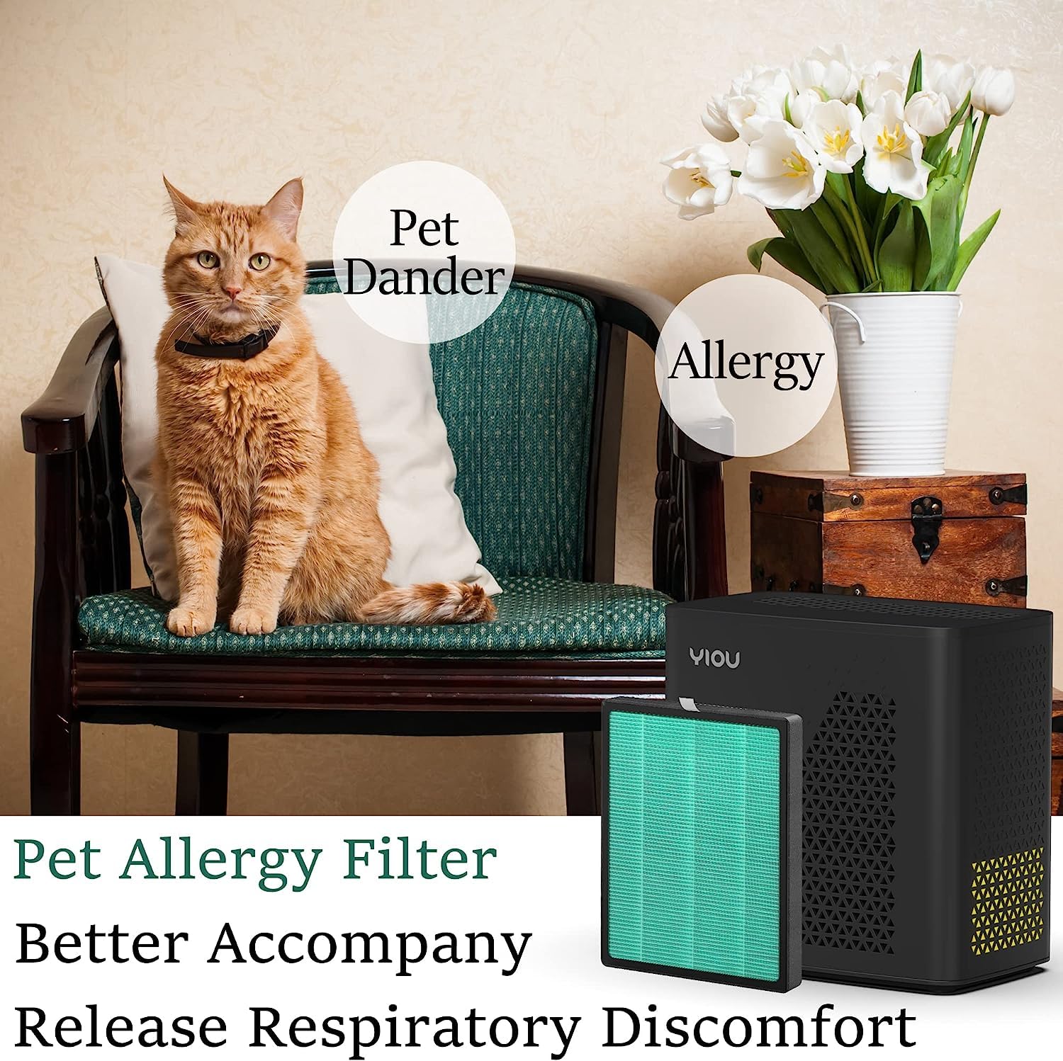 YIOU Air Purifier for Bedroom Home, Large Room Up to 547 Ft², H13 True HEPA Filter for Pets Hair, Wildfires, Smoke, Dander, Pollen, Quiet 20dB Air Cleaner for Office Living Room Kitchen Dorm