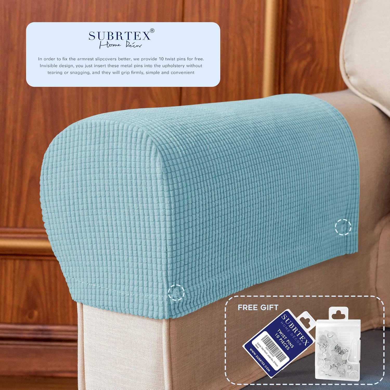 subrtex Spandex Stretch Fabric Armrest Covers Anti-Slip Furniture Protector Armchair Slipcovers for Recliner Sofa Set of 2 with Free Fixing Tools Twist Pins (Steel, Two Pieces, 2pcs, light blue