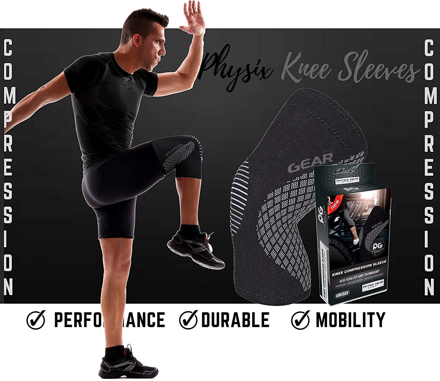 Physix Gear Knee Compression Sleeve for Men & Women - Best Compression Knee Brace for Walking, Running, Gym, Basketball, Weightlifting,Workout, Sports - Knee sleeves Support Compression & Stability