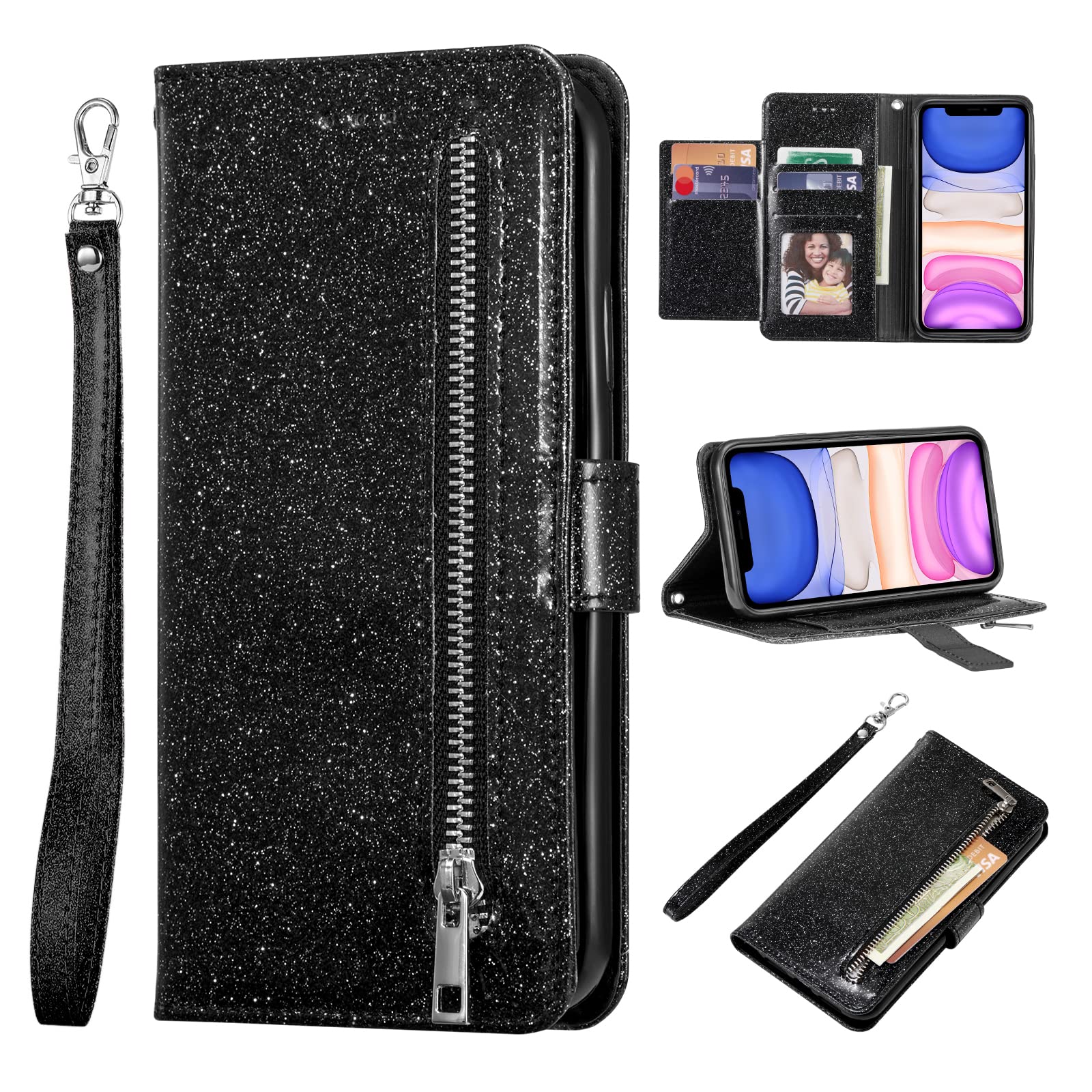 EYZUTAK Wallet Case for iPhone 11 6.1 inch, 5 Card Slots Glitter Bling PU Leather Magnetic Closure Kickstand Zipper Purse Pocket Handbag Protective Cover with Wrist Strap - Black