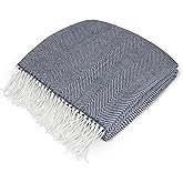PAVILIA Herringbone Blanket Throw with Fringe,Faux Cashmere Knitted Throw with Tassels for Couch Bed,Decorative Farmhouse Soft Lightweight Plush Fuzzy Cozy,50x60,Herringbone - Navy Blue