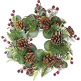 FAICOIA Artificial Christmas Wreath for Front Door Xmas Red Berry Wreath Pine Needles Pine Cones Eucalyptus Leaves Christmas Hanging Decoration Winter Garland for Wall Outdoor Home Window Decor