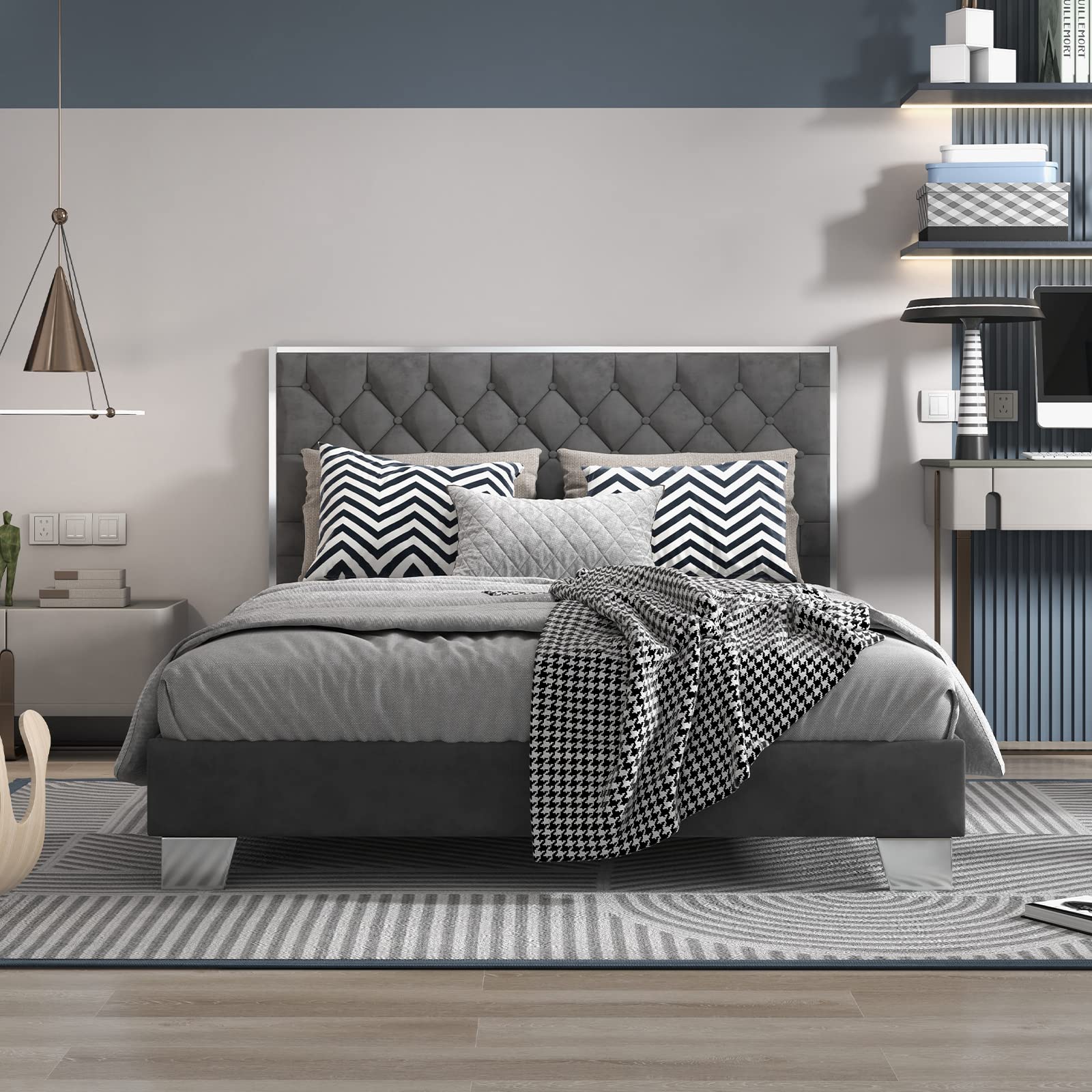 Photo 1 of Giantex Upholstered Bed Frame, Modern Platform Bed w/Button Tufted Velvet Headboard, Full Size Bed Frame, Solid Slats Support Mattress Foundation, No Box Spring Needed, Easy Assembly, Grey