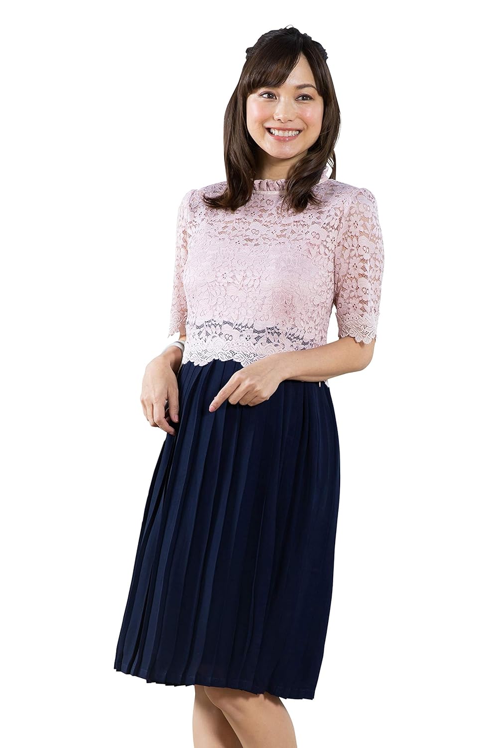 ピンクベージュ ネイビー B07nwmytwd 2点セット ワンピース Mommy M マタニティ ハイネックレーストップス ピンクベージュ ネイビー 授乳服 プリーツ授乳ワンピ M Sweet ワンピースチュニック 激安通販