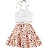LYANER Women's 2 Piece Outfits Summer Lace Halter Cami Crop Top with Floral Mini Skirt Set Light Pink Floral Small